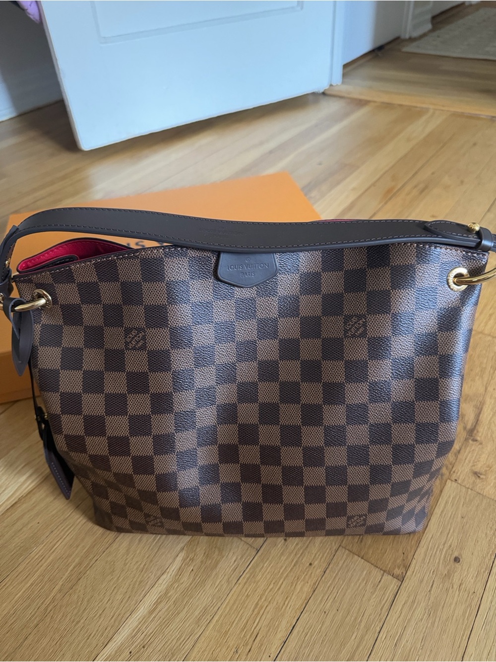 Louis Vuitton Damier Ebene Shoulder Bag with Brown and Red Accents